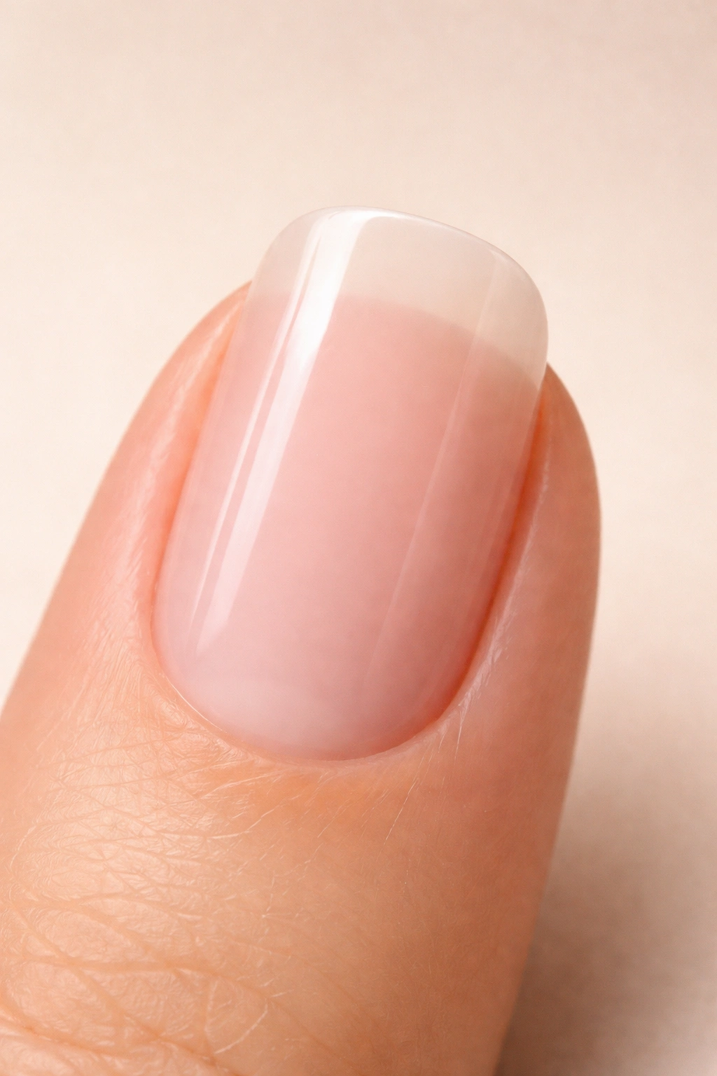 Close-up of a squoval nail showing straight sides and a rounded tip on a neutral background