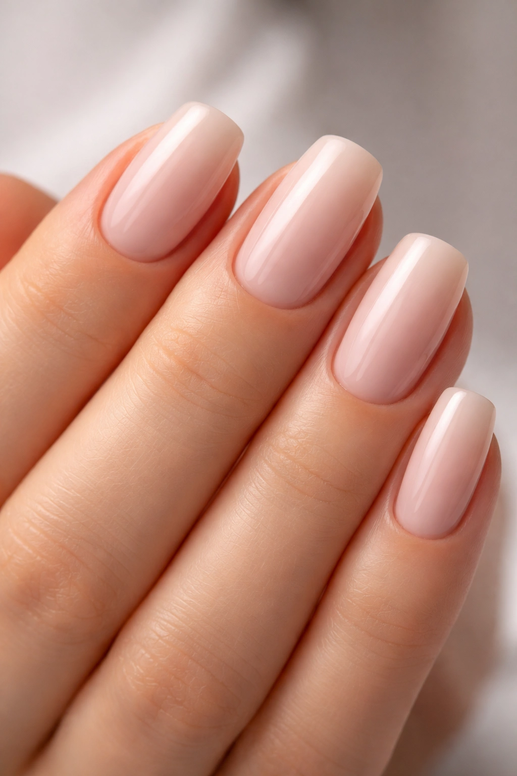 Close-up of squoval nails with straight sides and rounded ends
