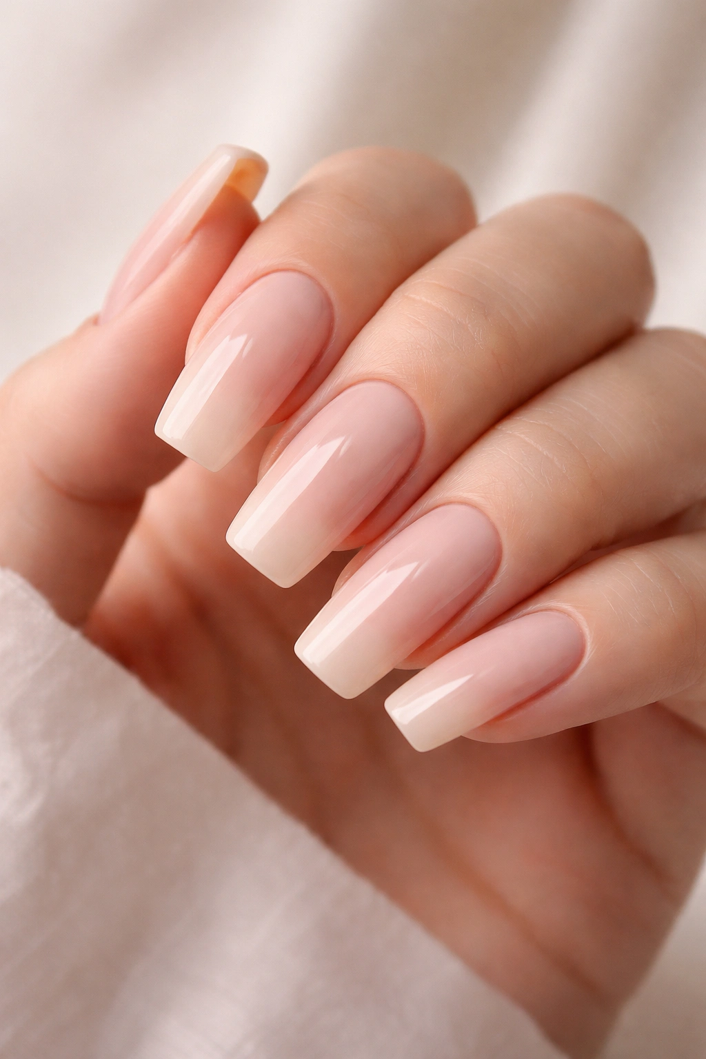 Close-up of long squoval nails with straight sides and rounded corners in nude polish