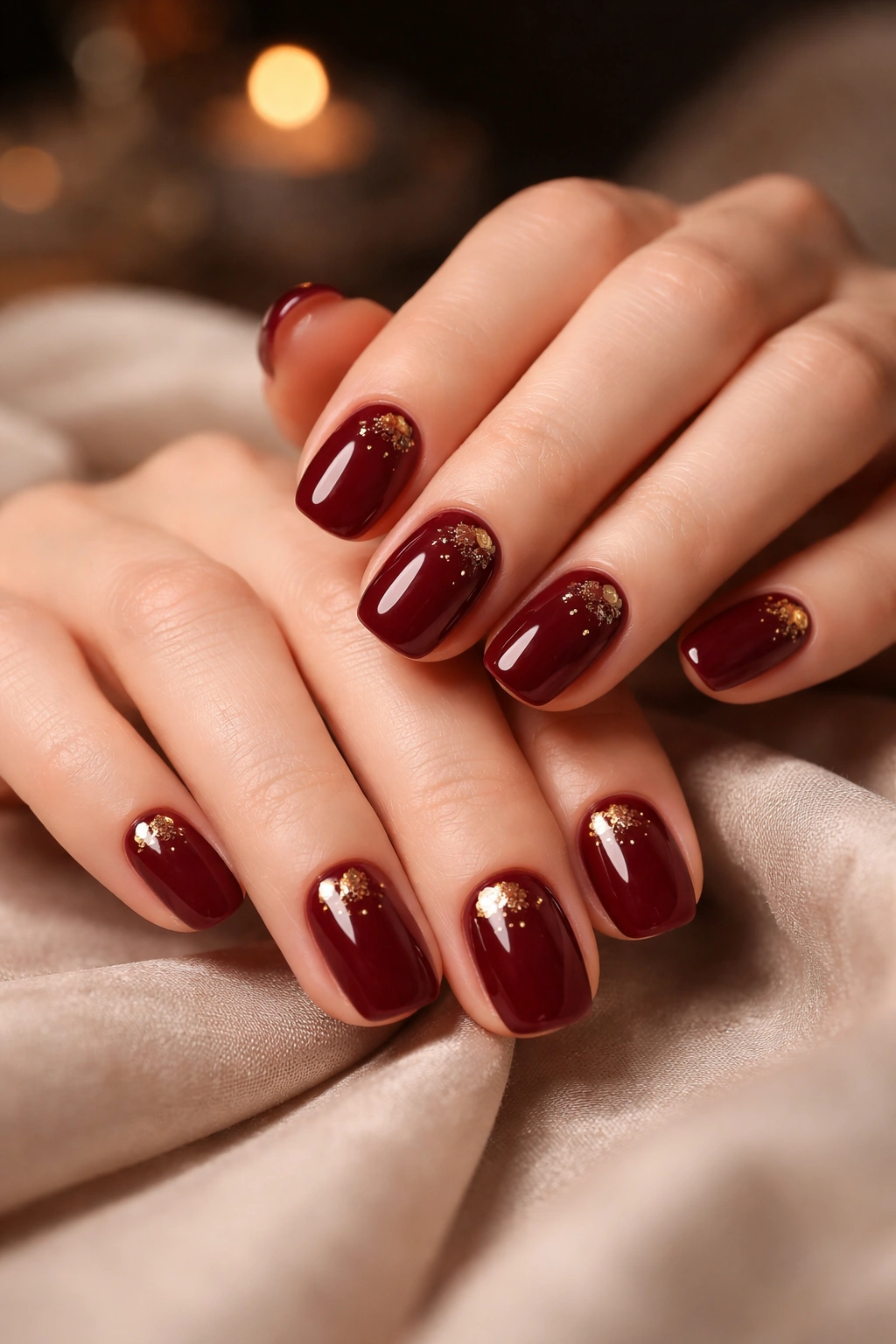 Close-up of hands showing short squoval nails with deep red polish and gold accents on soft fabric