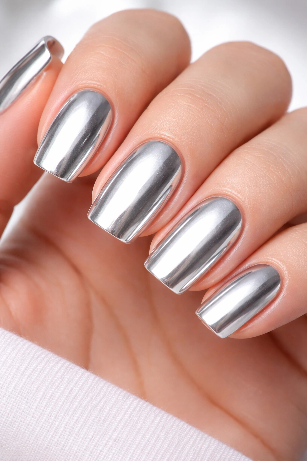 Squoval nails with chrome finish on medium-length acrylics