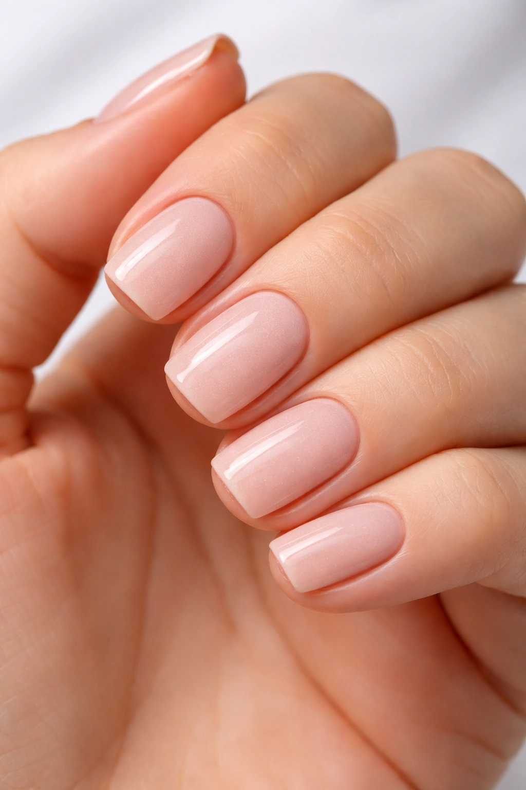 Close-up of short squoval nails with neutral pink dip powder, highlighting crisp edges and rounded corners