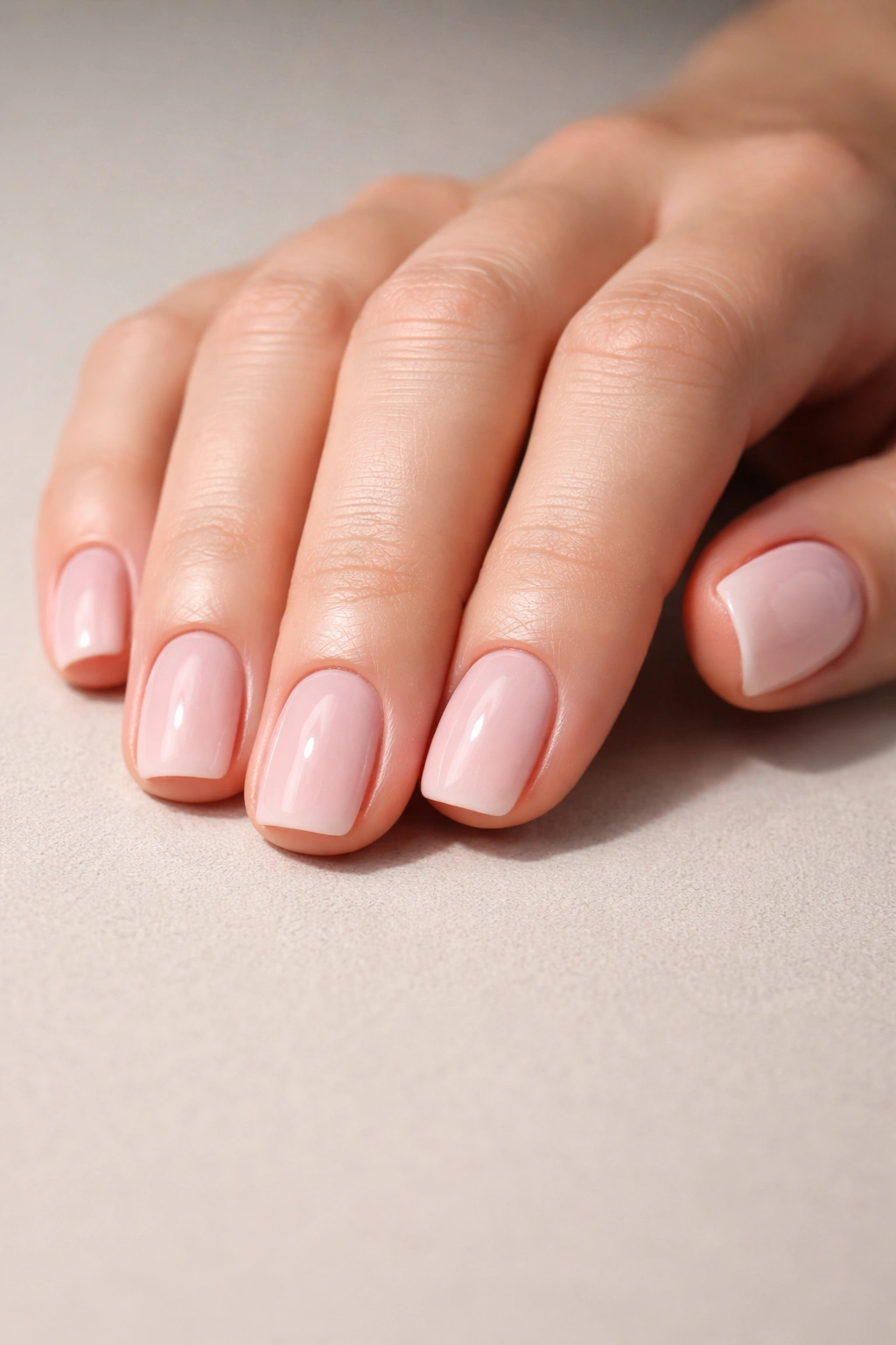 Close-up of a hand with short squoval nails in dip powder on a clean neutral background