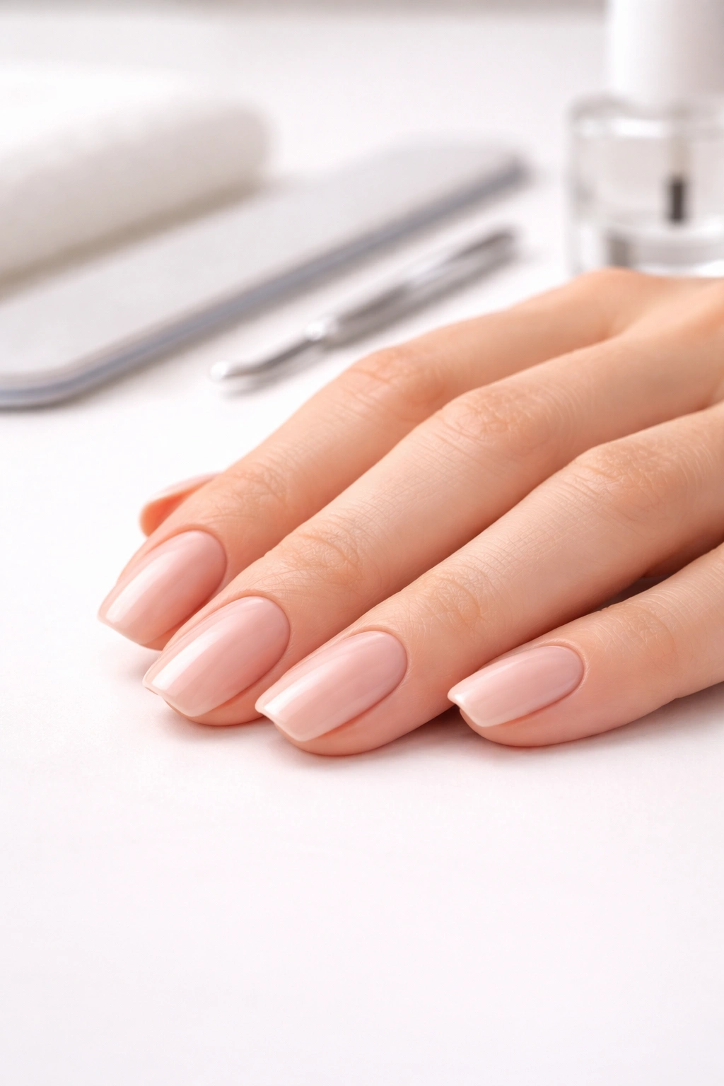 Close-up of hand with finished squoval nails in a calm studio setting