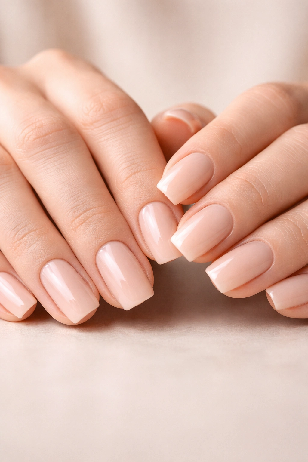 Close-up of hands with uniform squoval nails in nude tones against a simple background