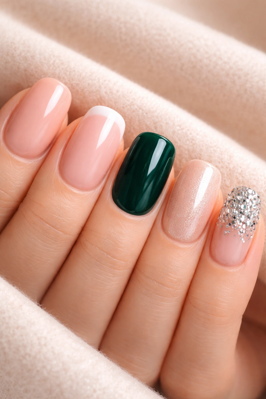 Close-up of short squoval nails in various finishes on a neutral background