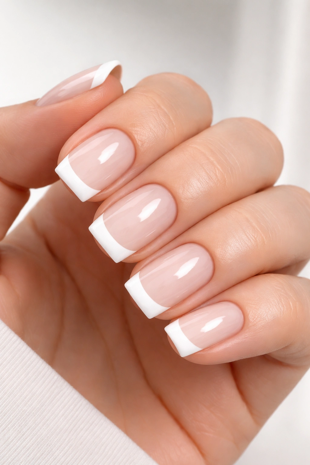 Close-up of squoval nails with crisp white tips on neutral base