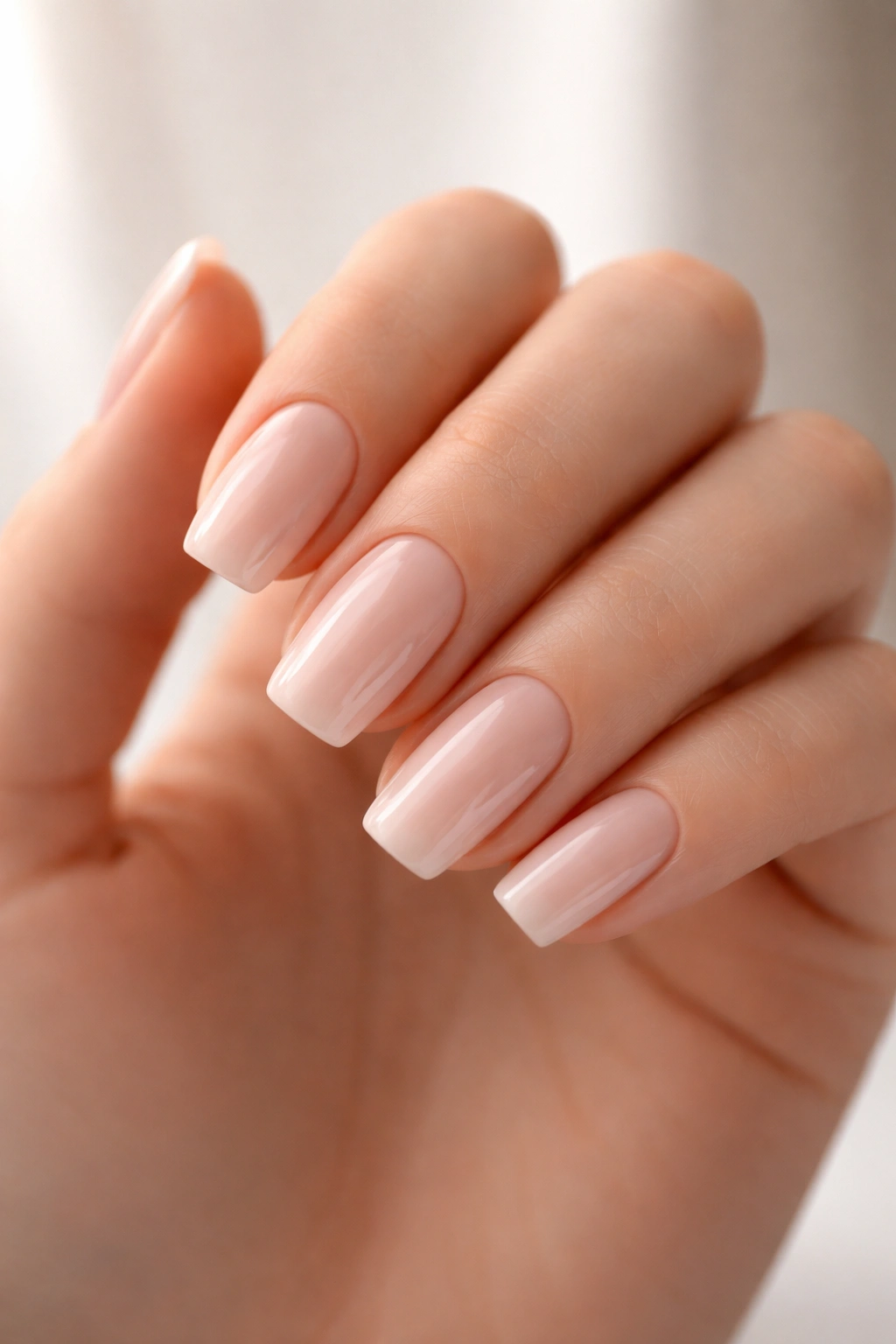 Close-up of long fingers with squoval nails on a neutral backdrop