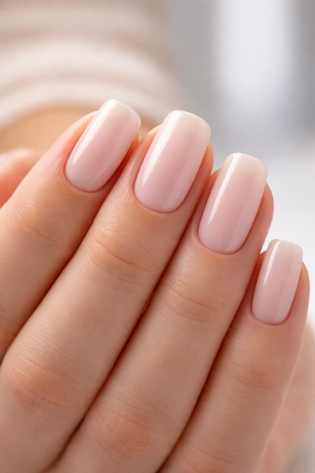 Close-up of a hand with squoval nails showing flat top and rounded corners