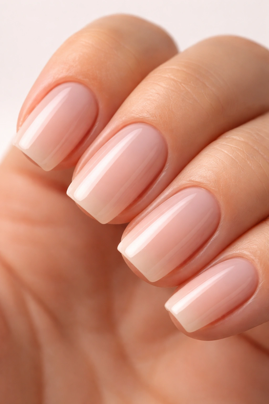 Close-up of squoval nails with blended square-oval edges