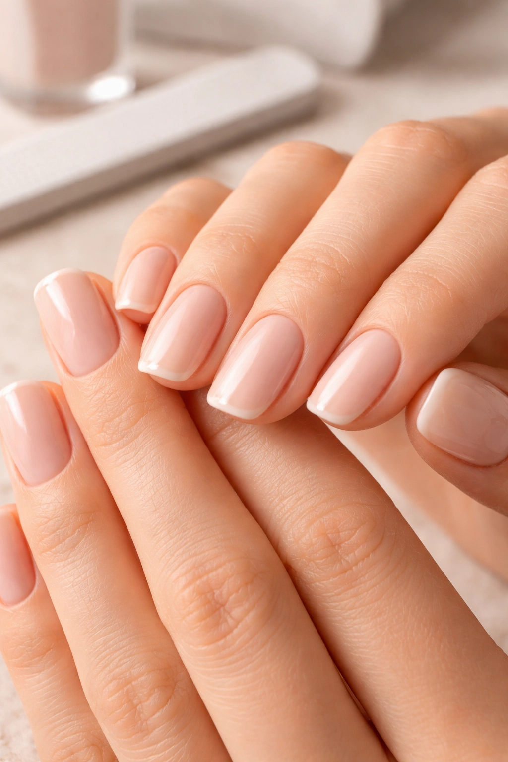 Close-up of squoval nails with flat tips and rounded corners