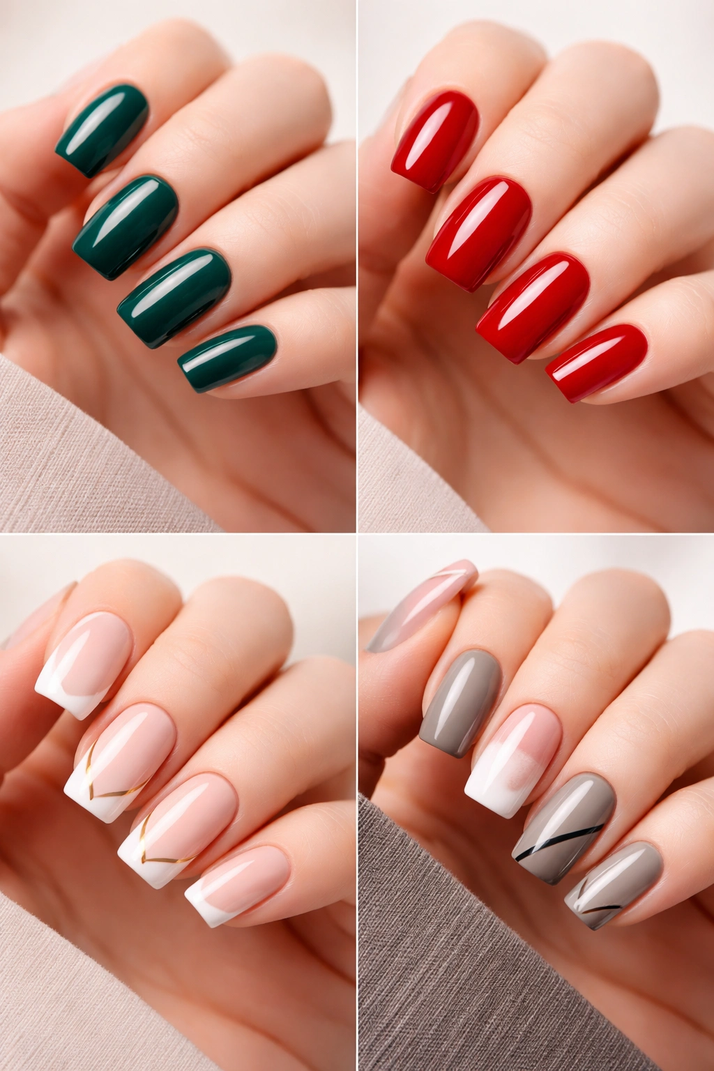 Close-up of squoval nails with color and nail art on a neutral studio backdrop