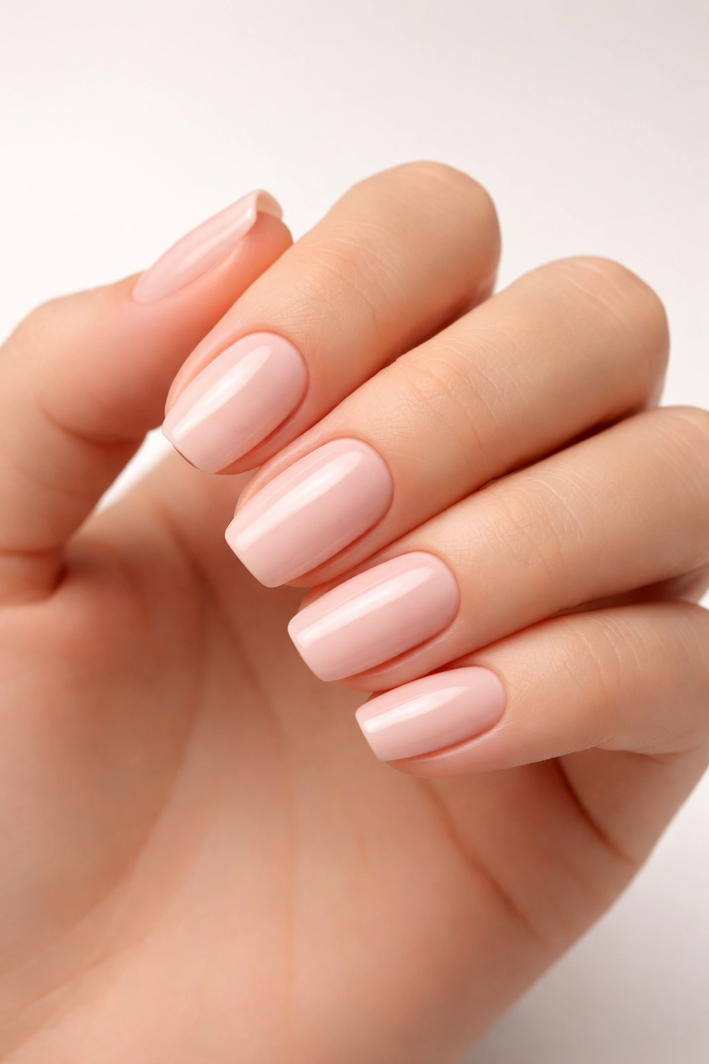 Close-up of a hand showing squoval nails with straight sides and rounded corners