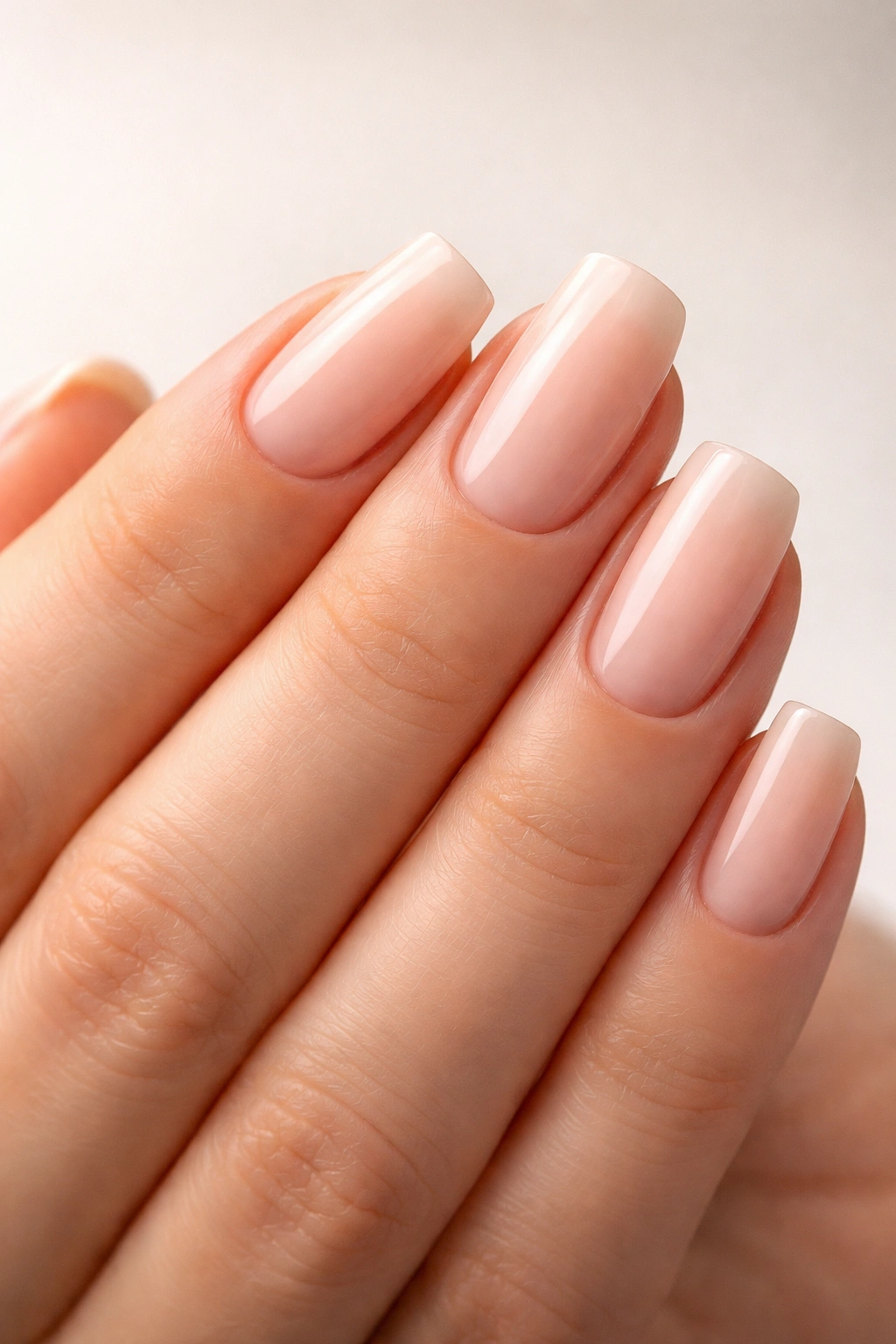 Close-up of hand with squoval nails featuring straight sides and rounded corners