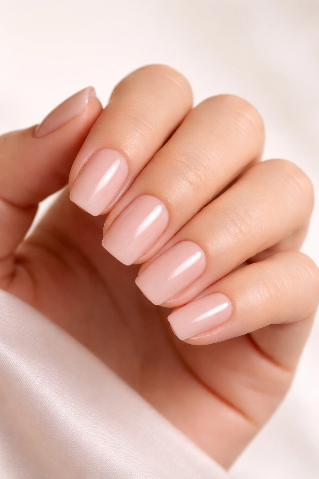 Close-up of a hand with short squoval nails in nude pink polish, wedding-ready manicure