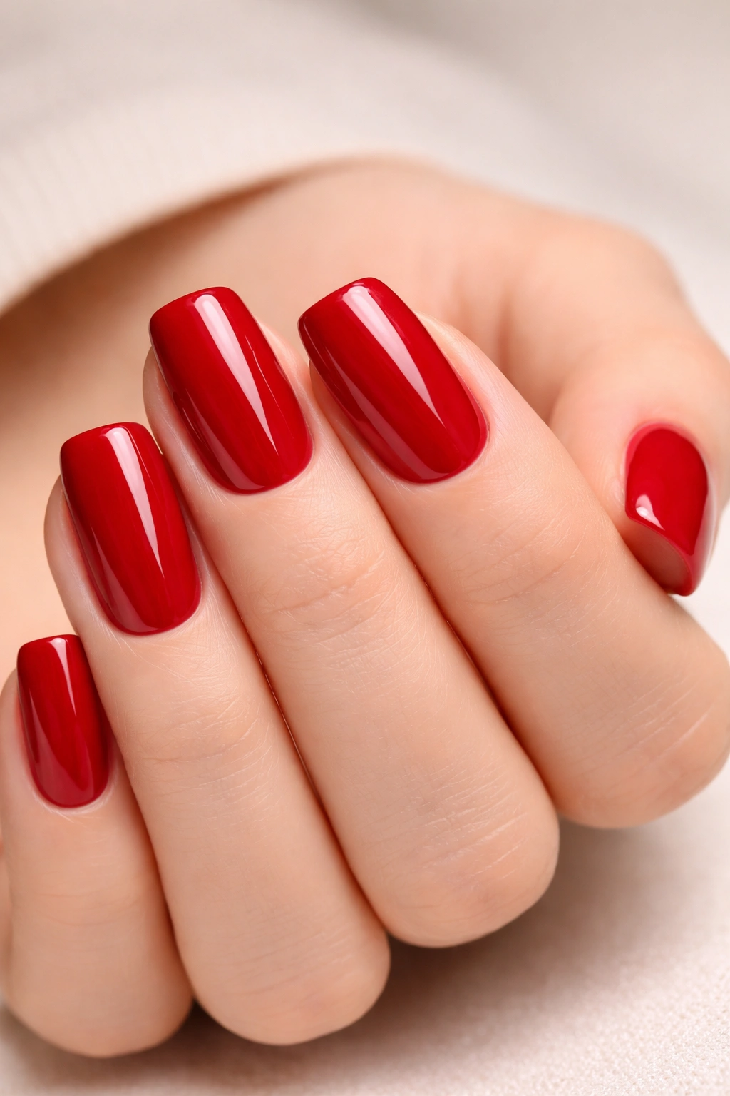 Close-up of squoval nails with red polish on a hand