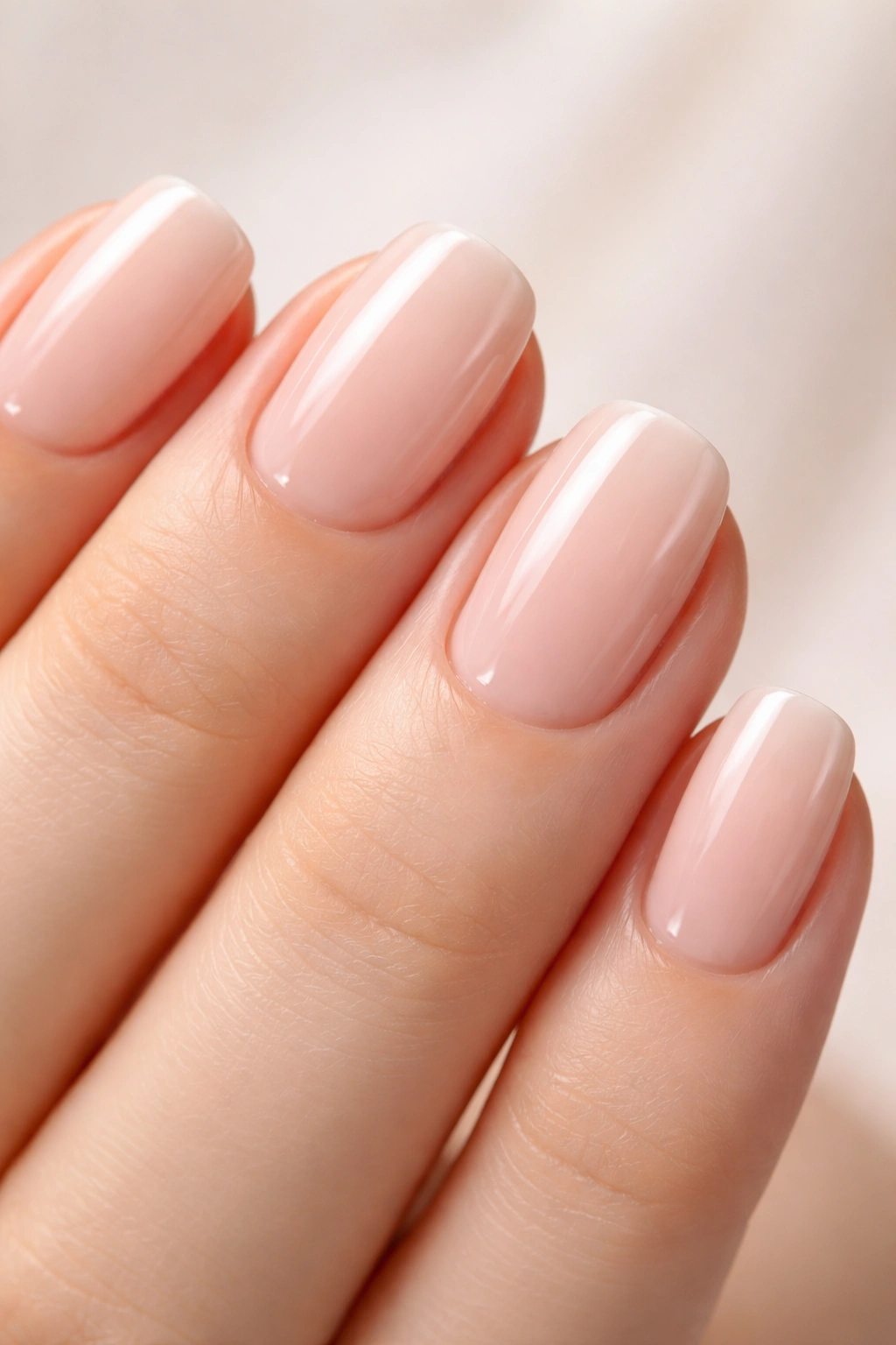 Close-up of short squoval nails highlighting the square-oval edge