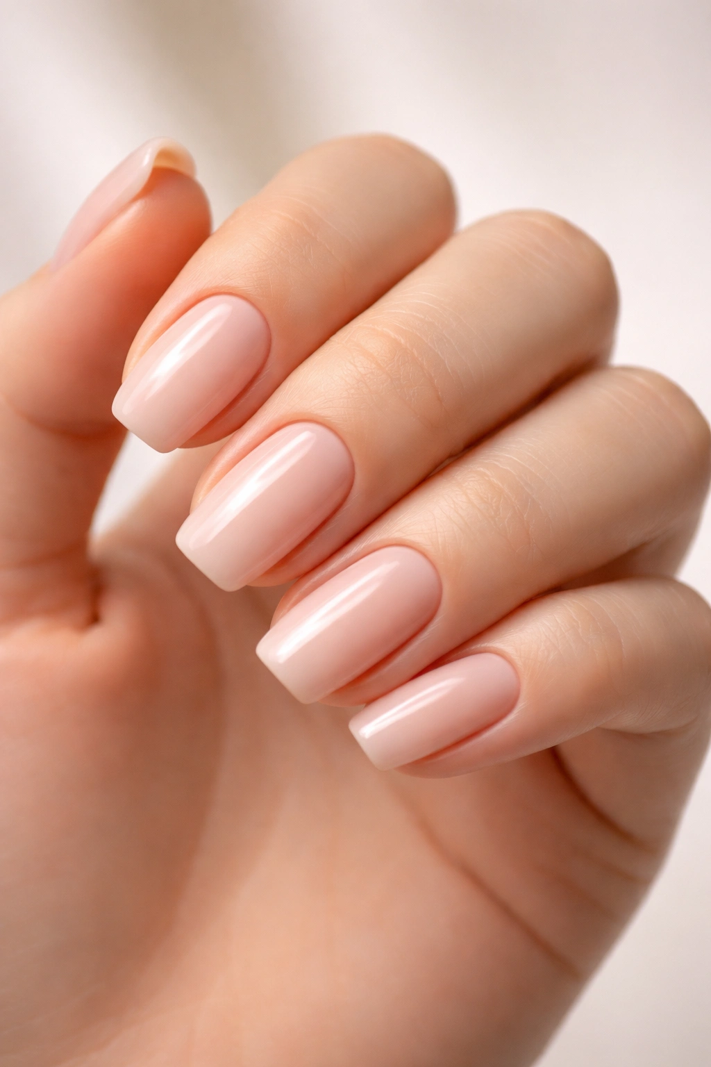Close-up of squoval nails with straight sides and rounded corners on a hand