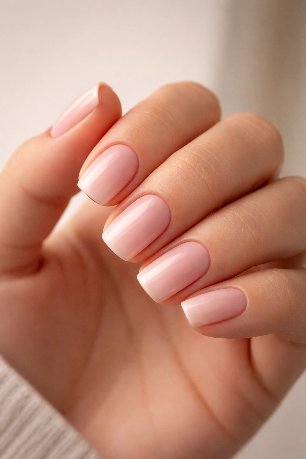 Close-up of a hand with short squoval nails on a neutral background