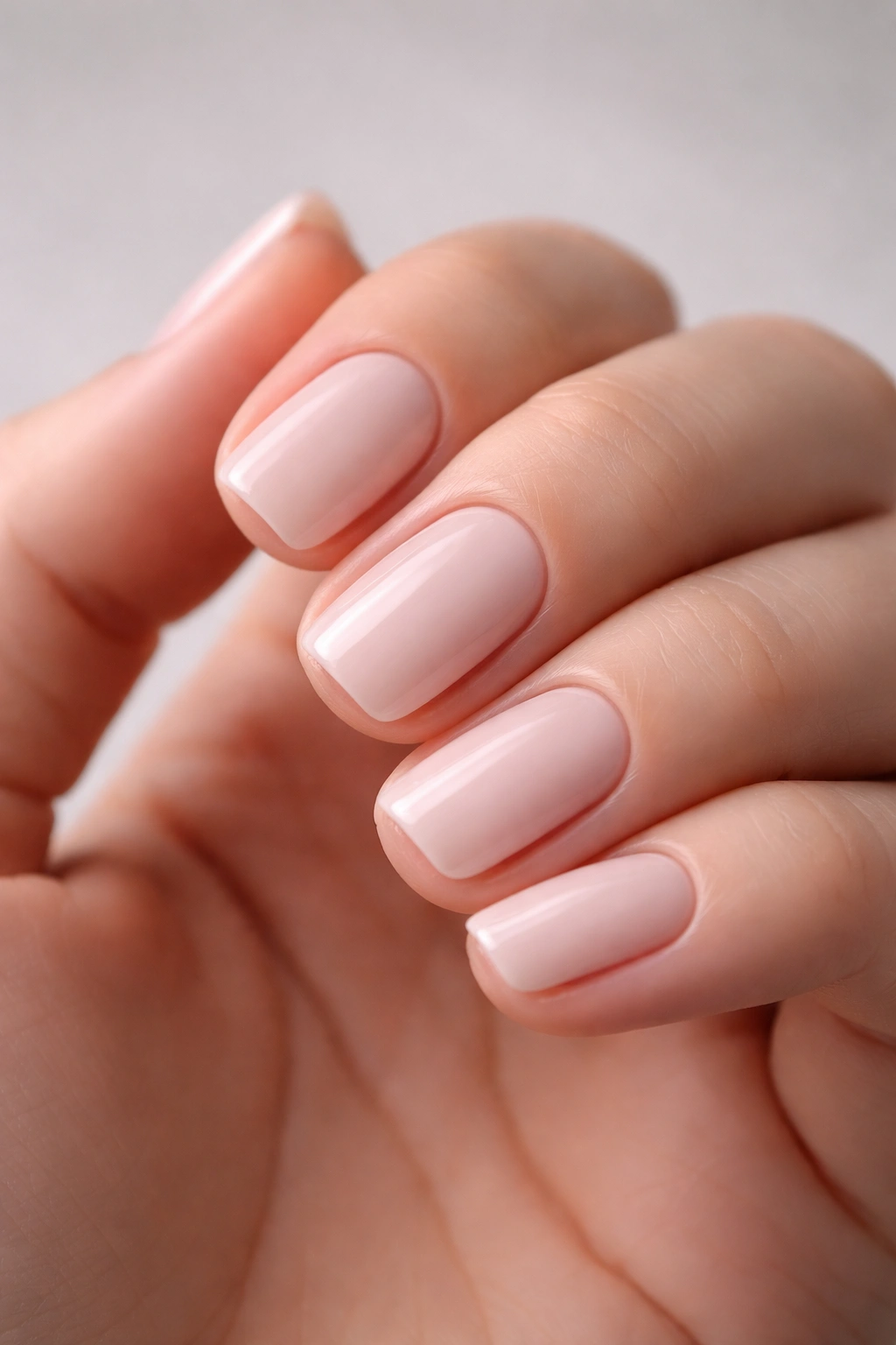 Close-up of short squoval nails with defined edges and rounded corners.