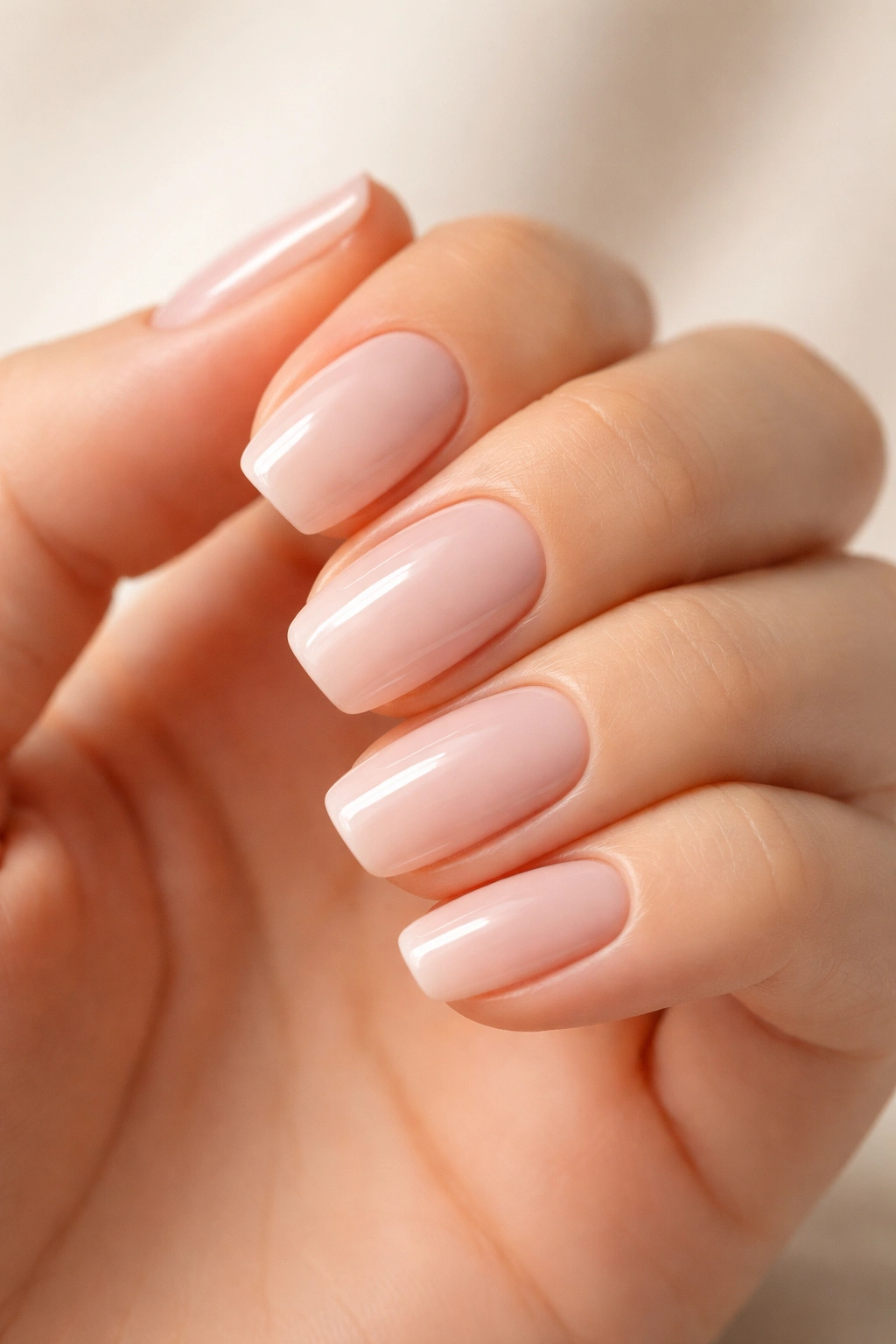 Close-up of squoval nails with straight sides and rounded corners