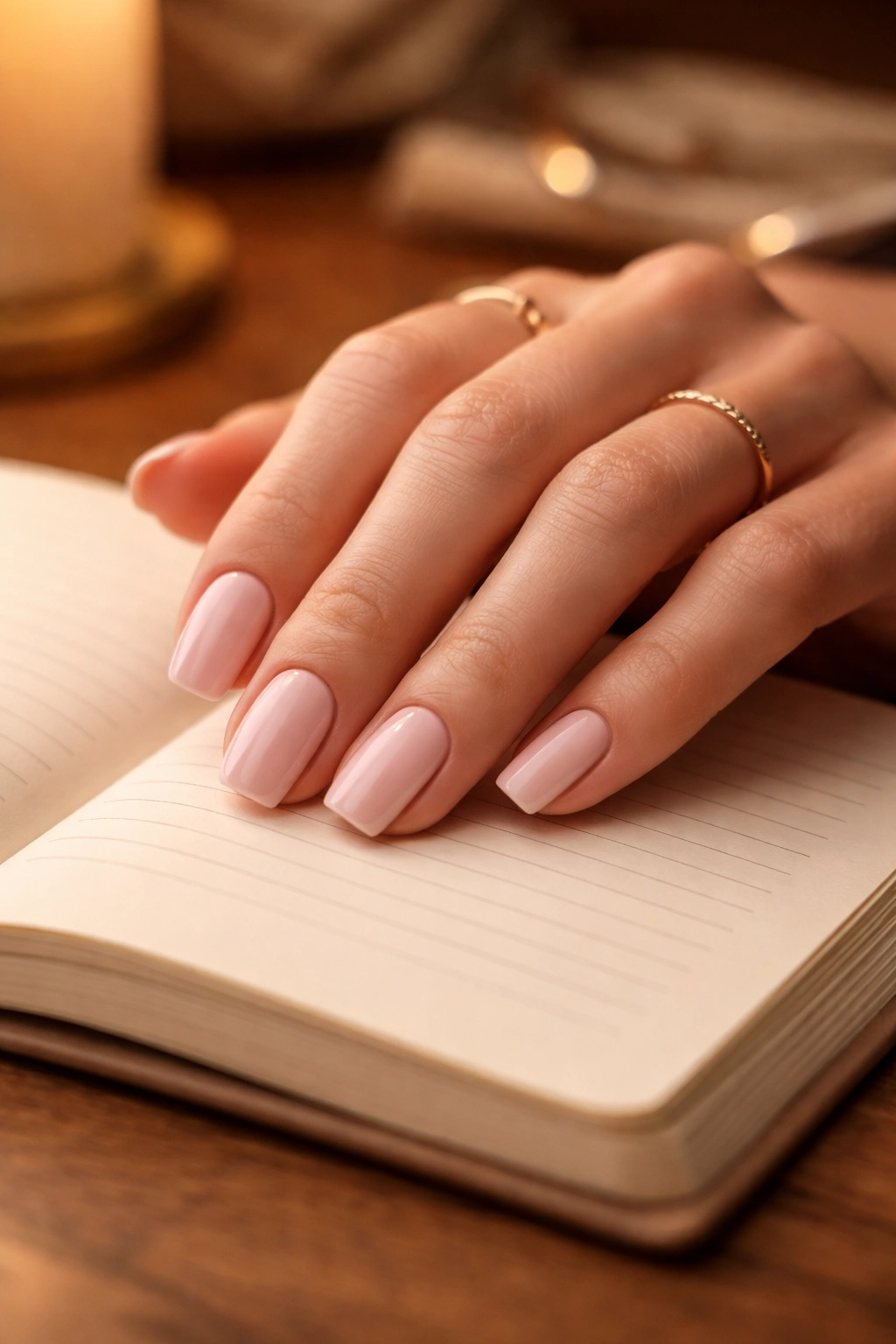 Close-up of a hand with squoval nails resting on a notebook under warm light