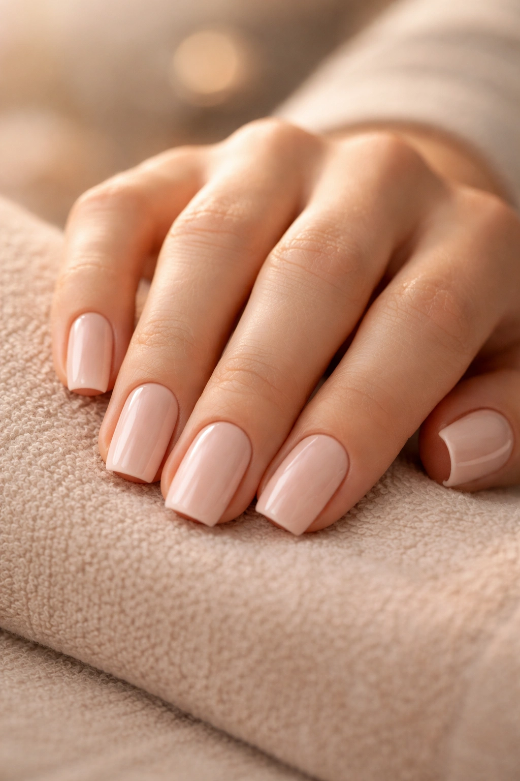 Close-up of a hand with squoval nails under warm studio lighting