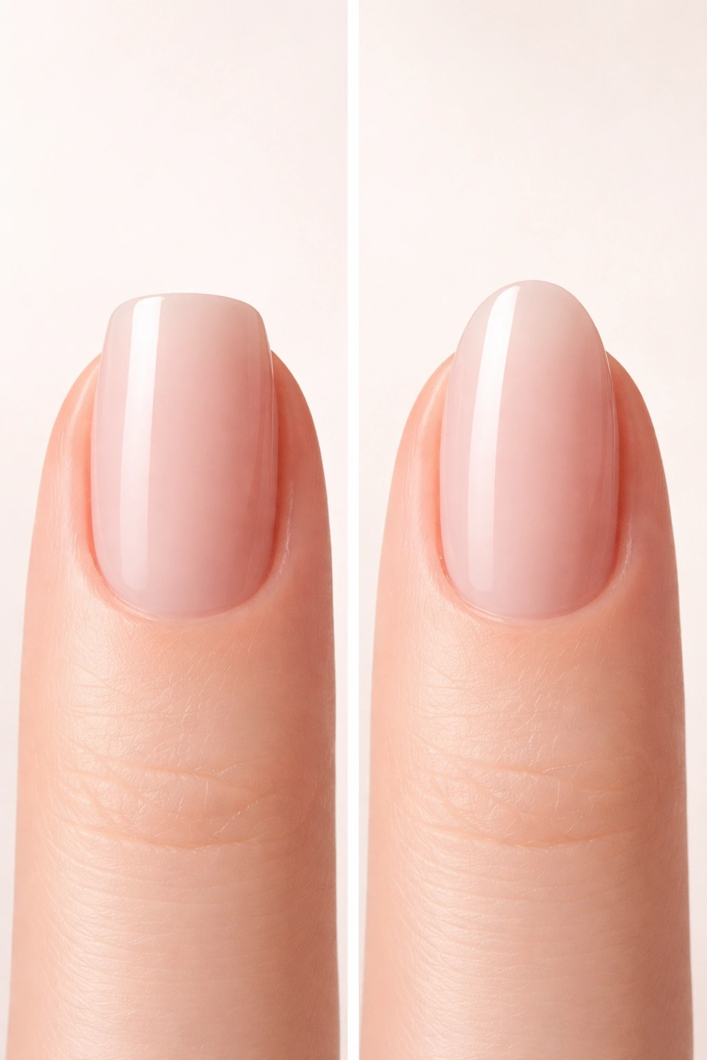 Side-by-side comparison of squoval and oval nails highlighting straight vs curved edges