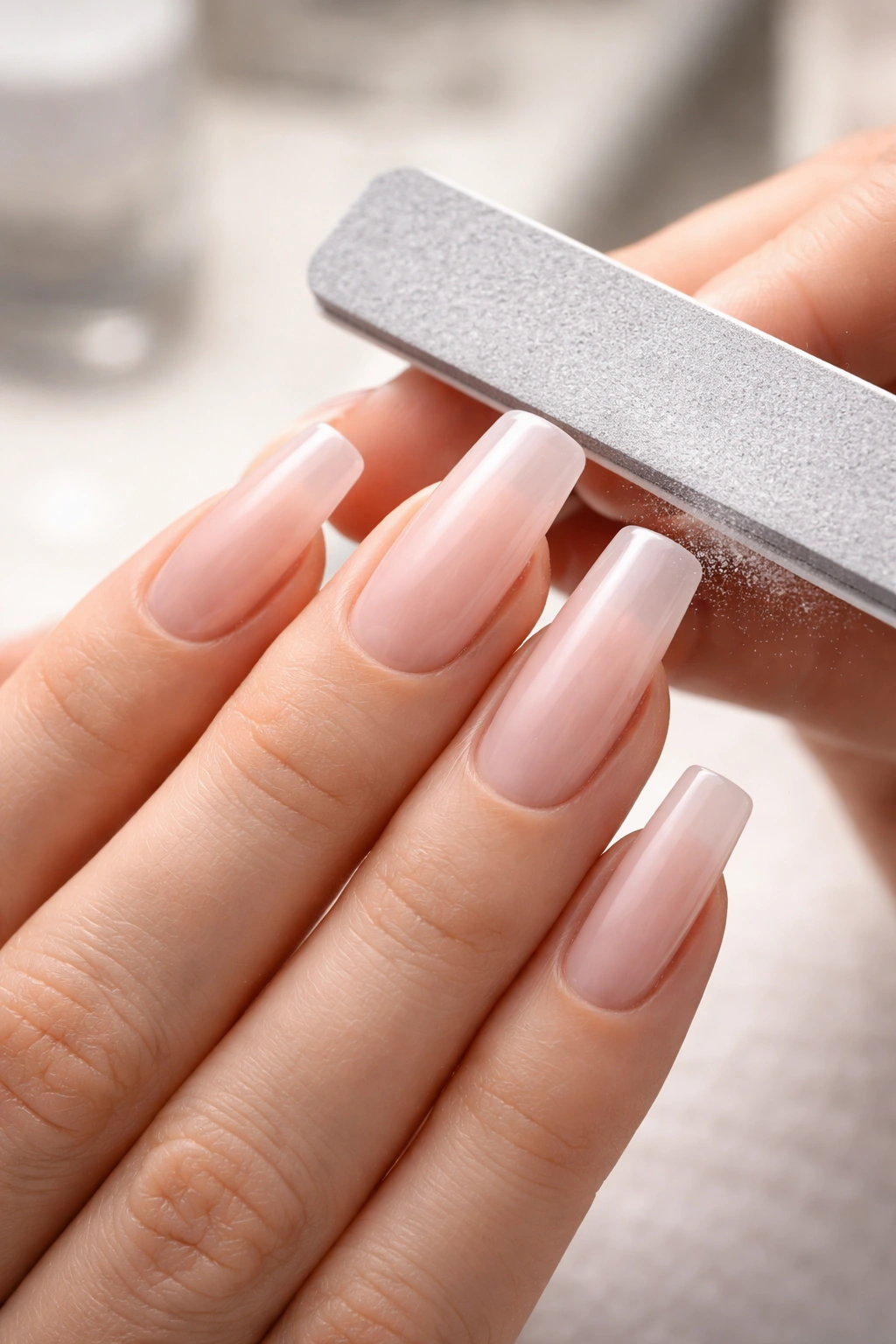 Close-up of a hand filing squoval nails with straight sides and rounded corners