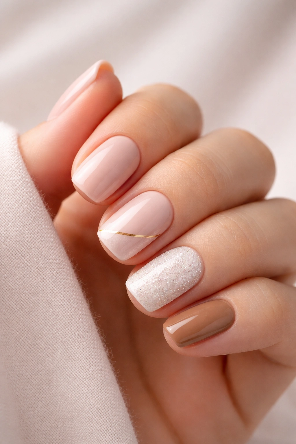 Close-up of short squoval nails displaying minimalist, accent-line, and textured designs