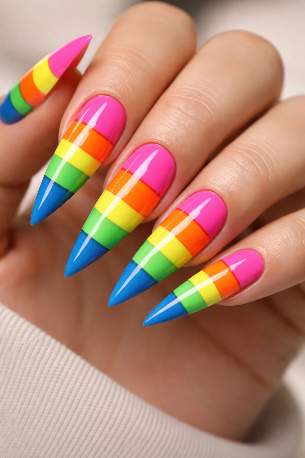 Close-up of stiletto nails with stacked color blocking in neon hues