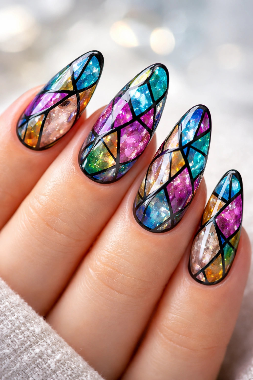 Close-up of stained glass nail art with black outlines and translucent colors
