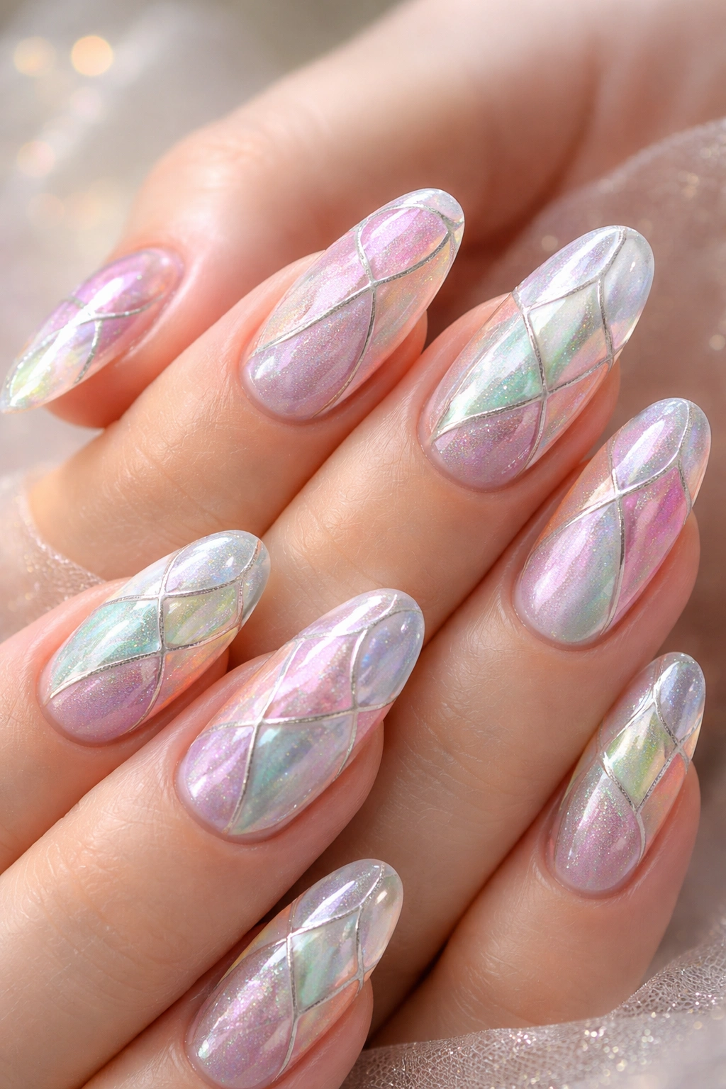 Nails with stained glass pearlescent color blocks in pastels