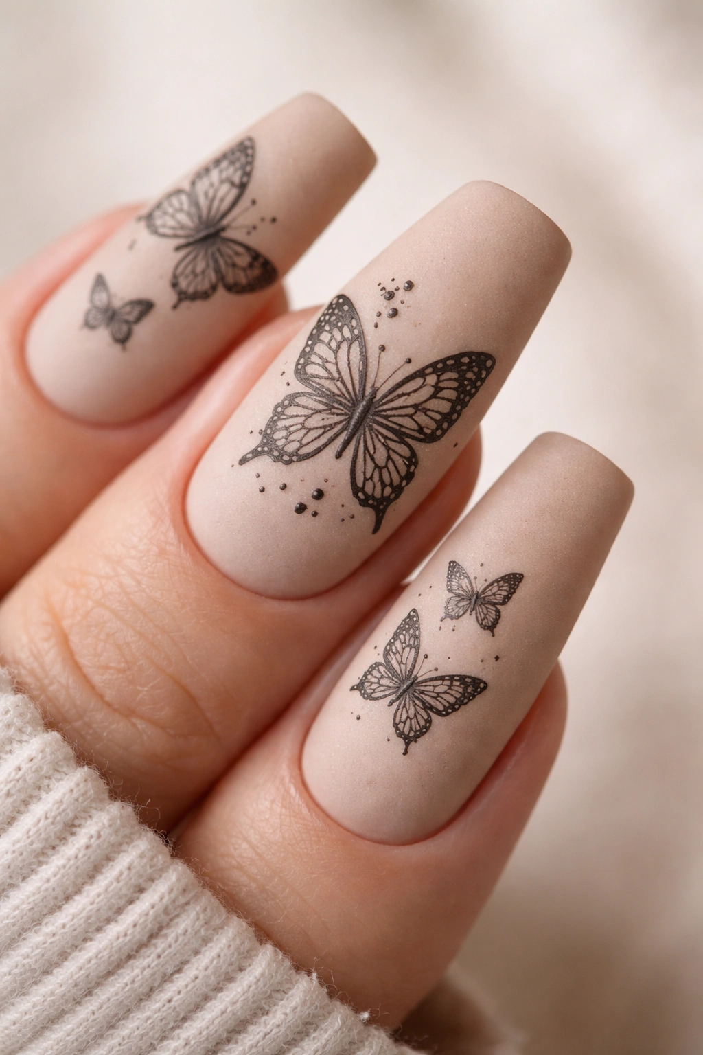 Close-up of a duck nail with stamped butterfly on matte beige base