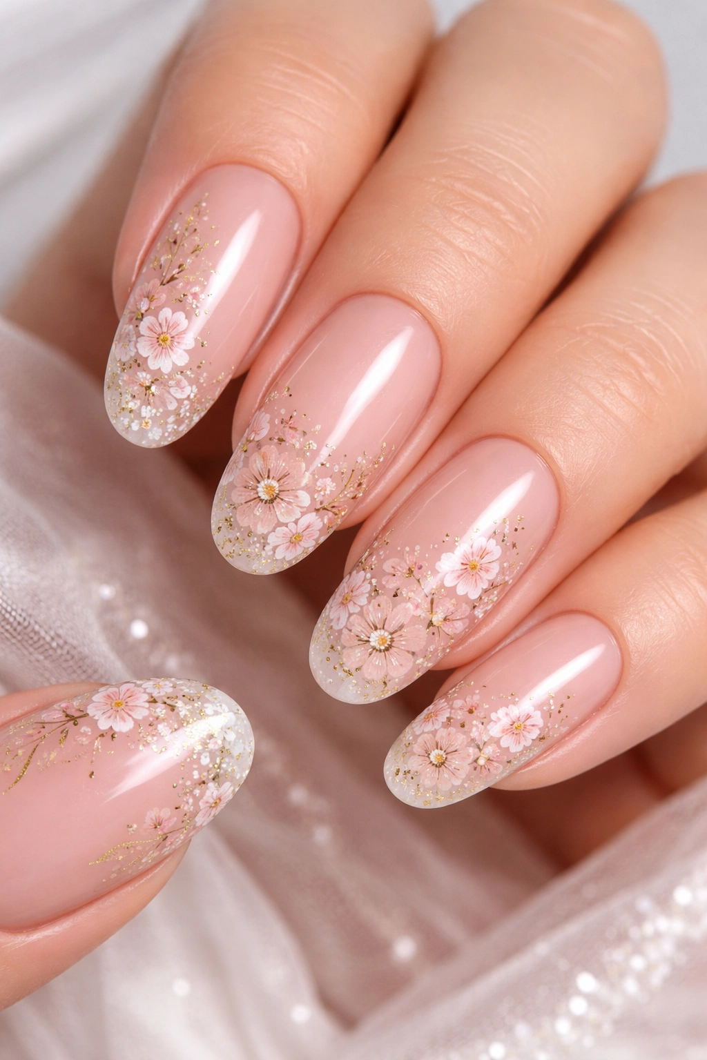 Close-up of long round acrylic nails with stamped floral designs on nude base