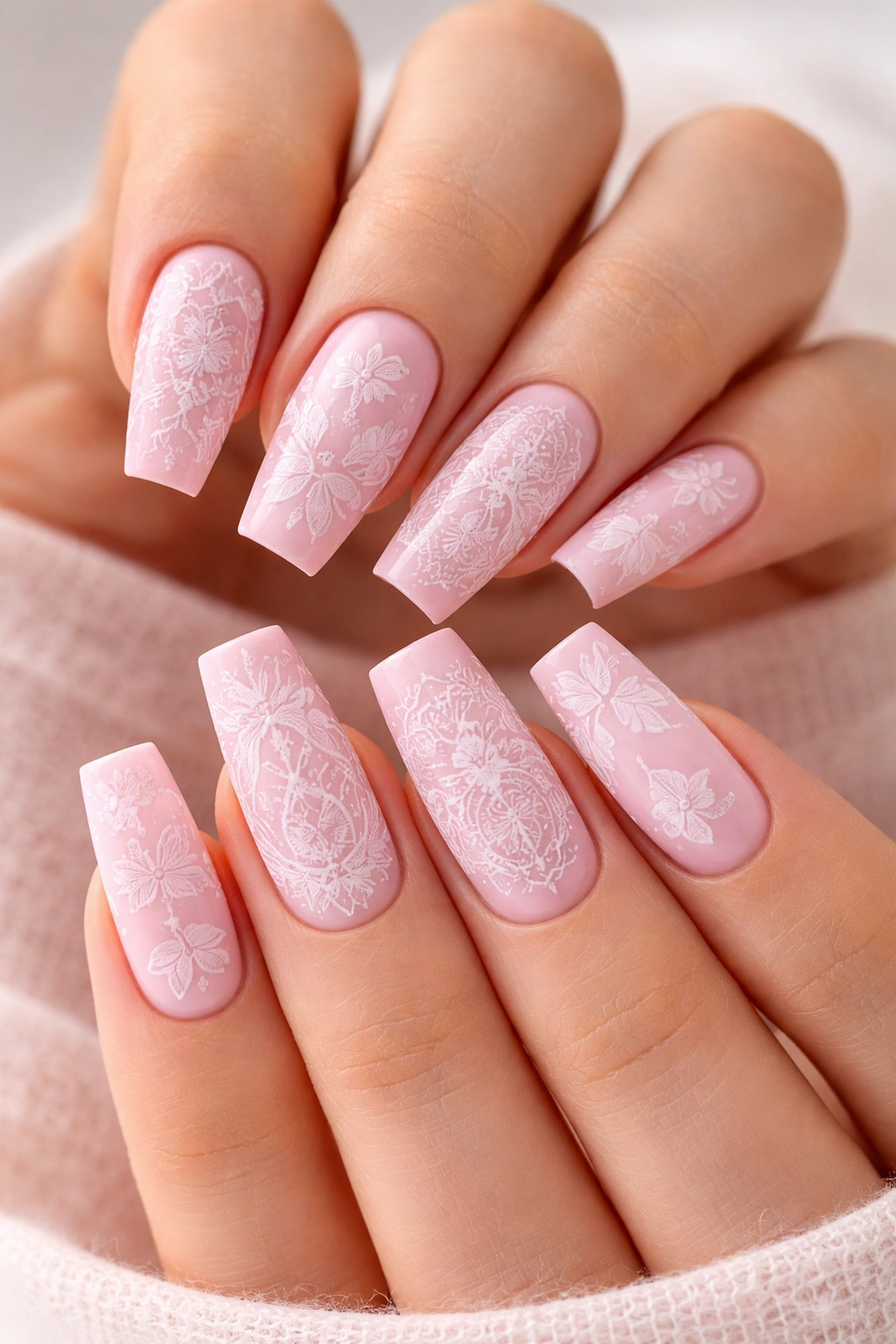 Light pink coffin nails with stamped designs close-up