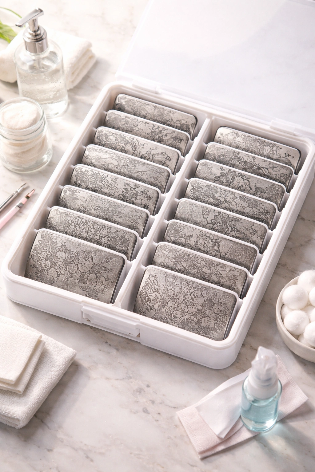 Stamping plates stored flat in a dedicated organizer on a cool, dry surface