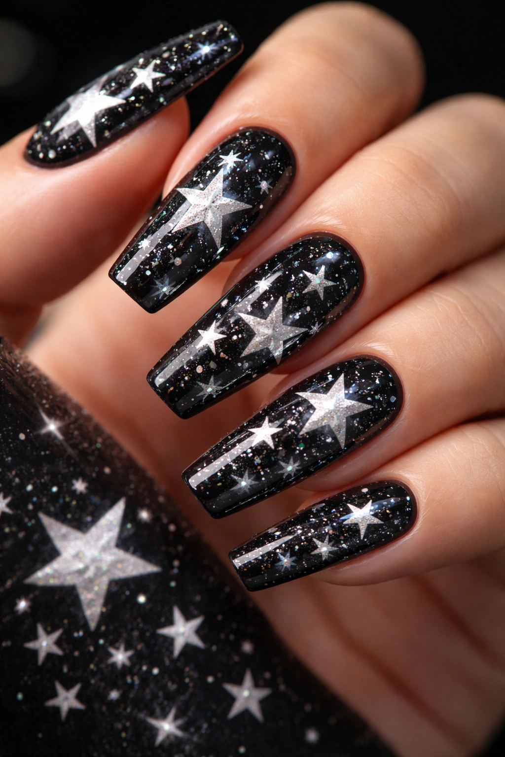 Close-up of acrylic nails with white and silver star patterns on a dark background