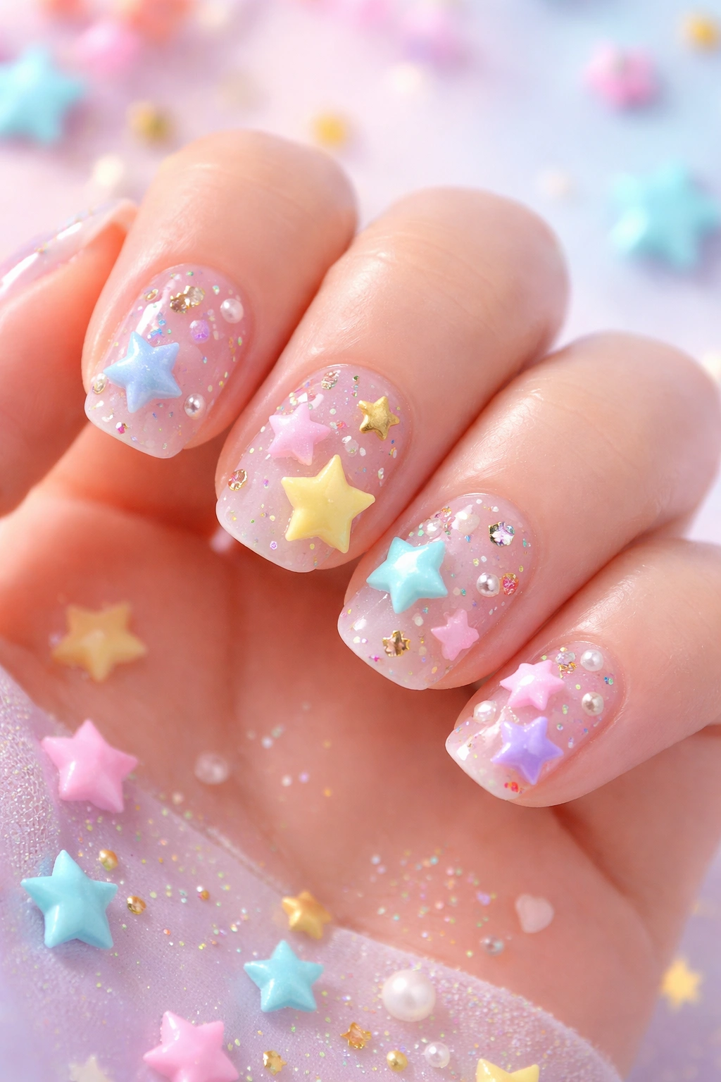 Close-up of short nails with whimsical star confetti and 3D stars