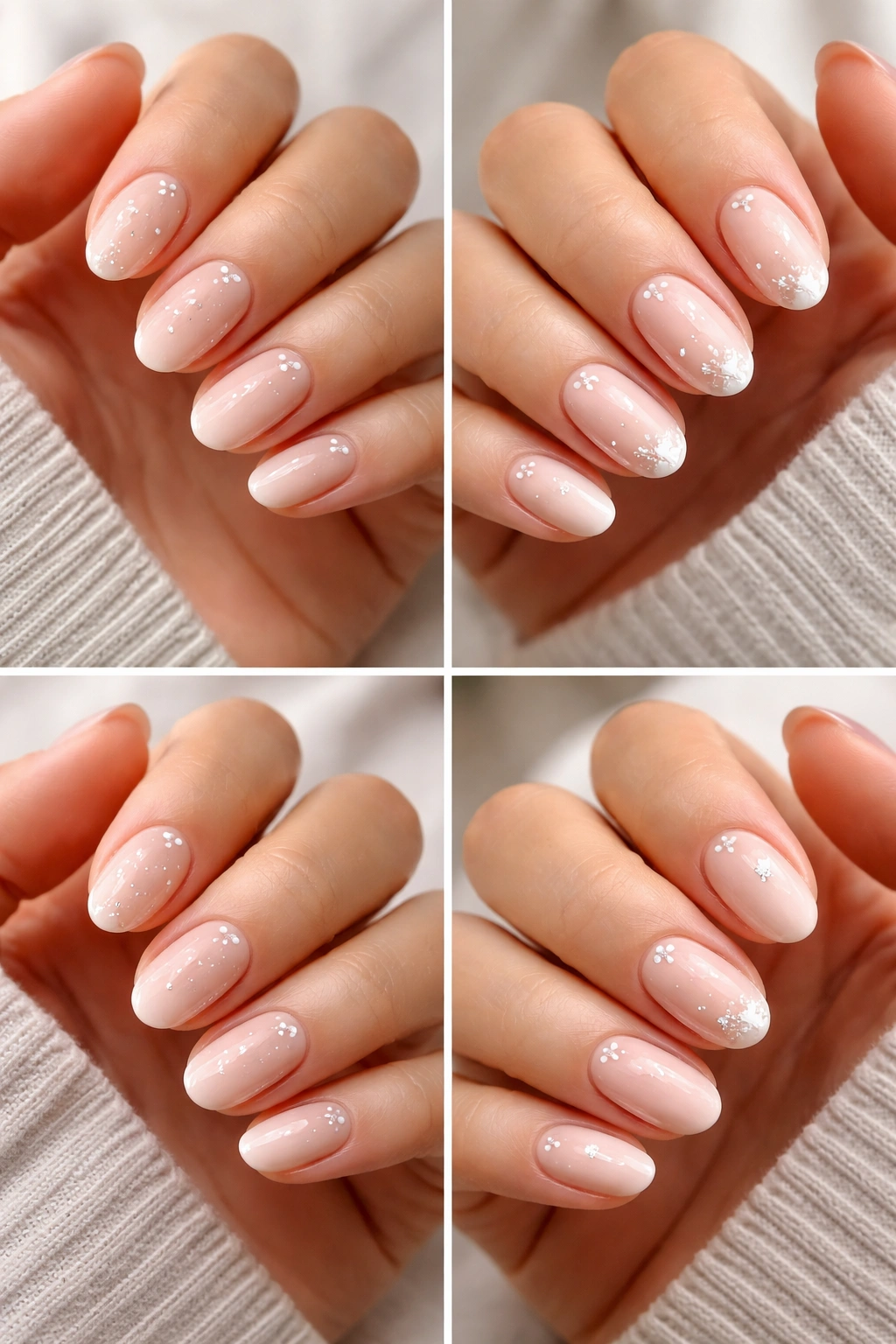 Hand showing different star placements on short almond nails for design choice