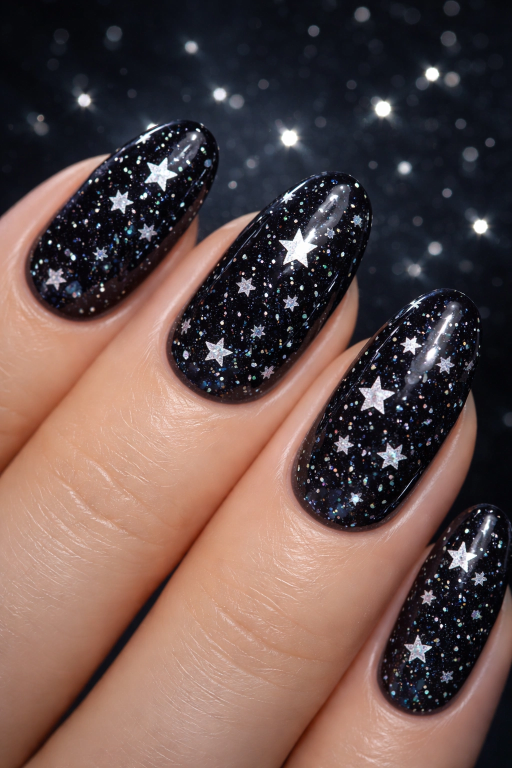 Close-up of nails with silver star glitter on a dark base