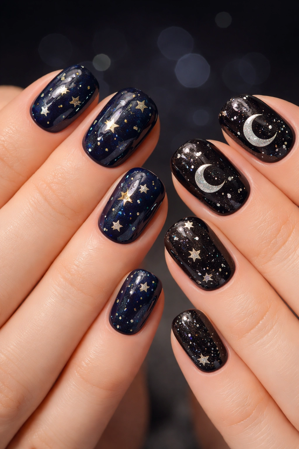 Close-up of two hands with star and moon nail art on short nails
