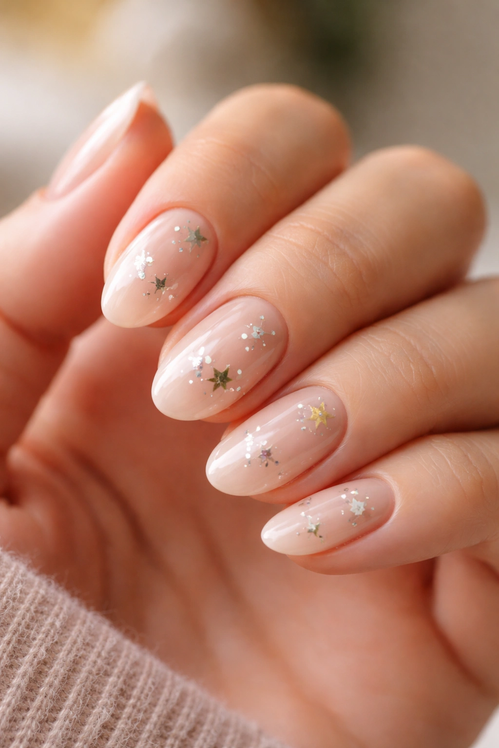 Close-up of short almond star nails with sheer base and decals