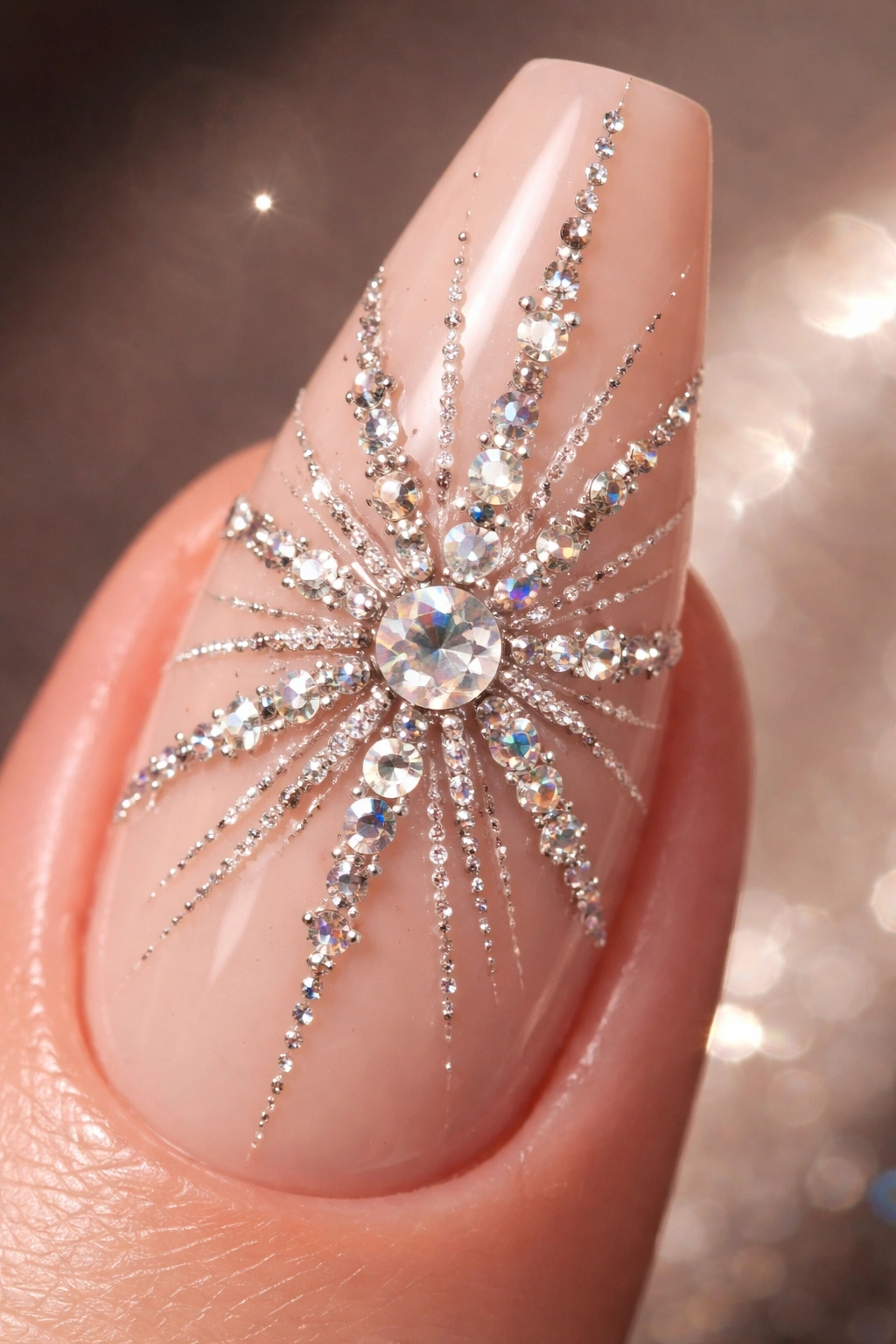 Coffin nail with a starburst rhinestone pattern emanating from the center