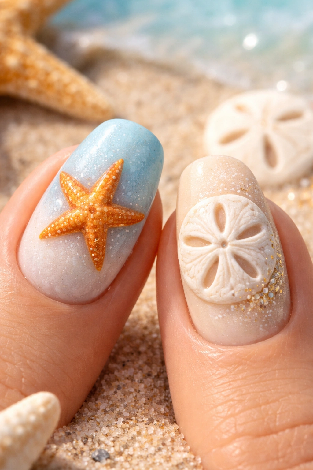 Close-up of nails with starfish and sand dollar designs on beachy blue and beige background