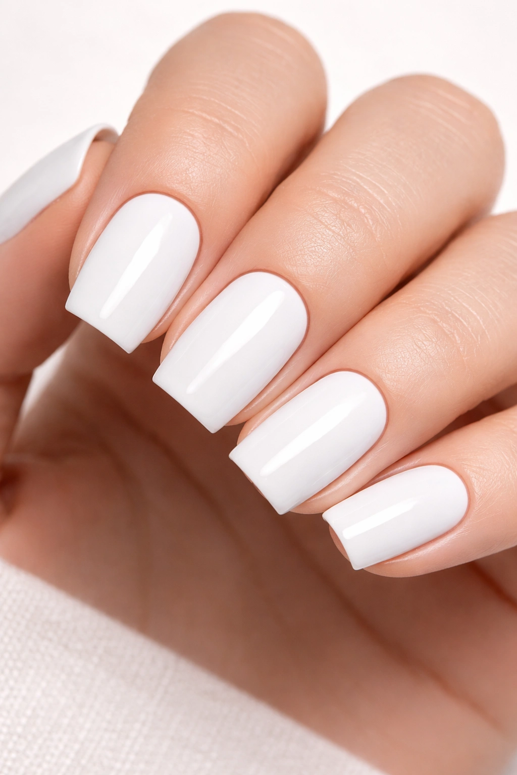 Close-up of stark white nails with opaque glossy dip powder