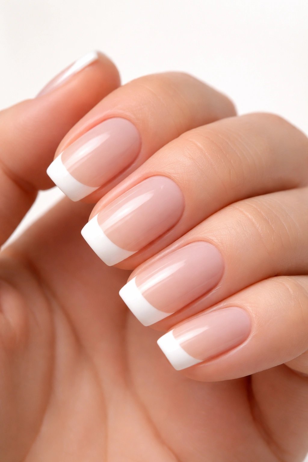 Close-up of short squoval nails with nude base and white tips in a studio setting