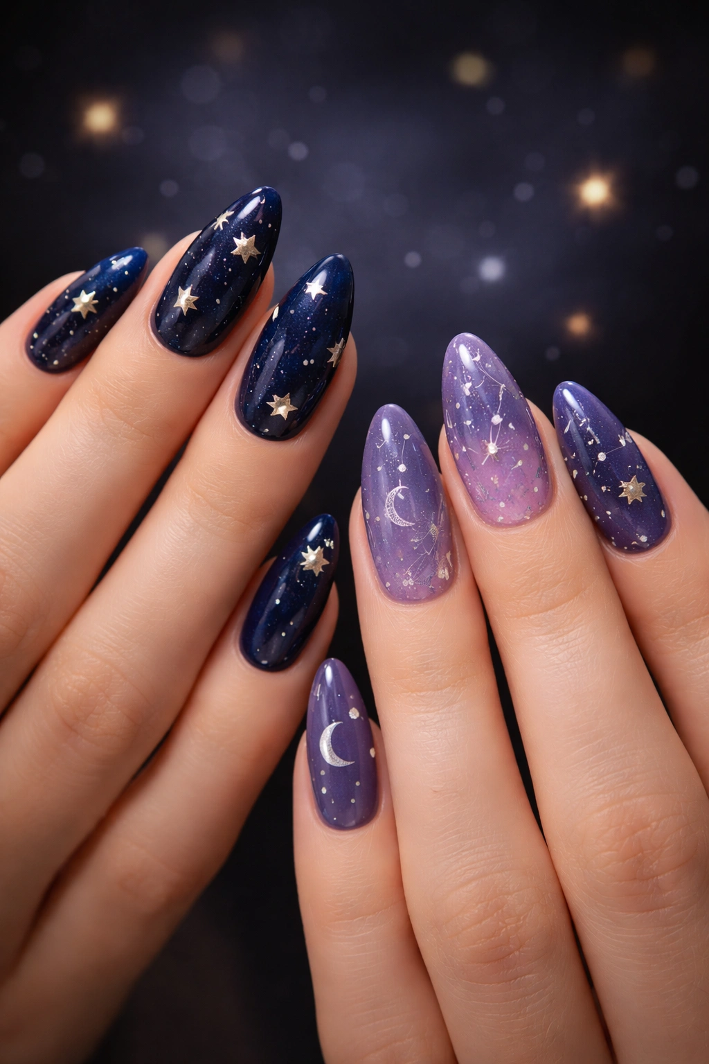 Almond nails with stars on navy and constellation patterns on purple