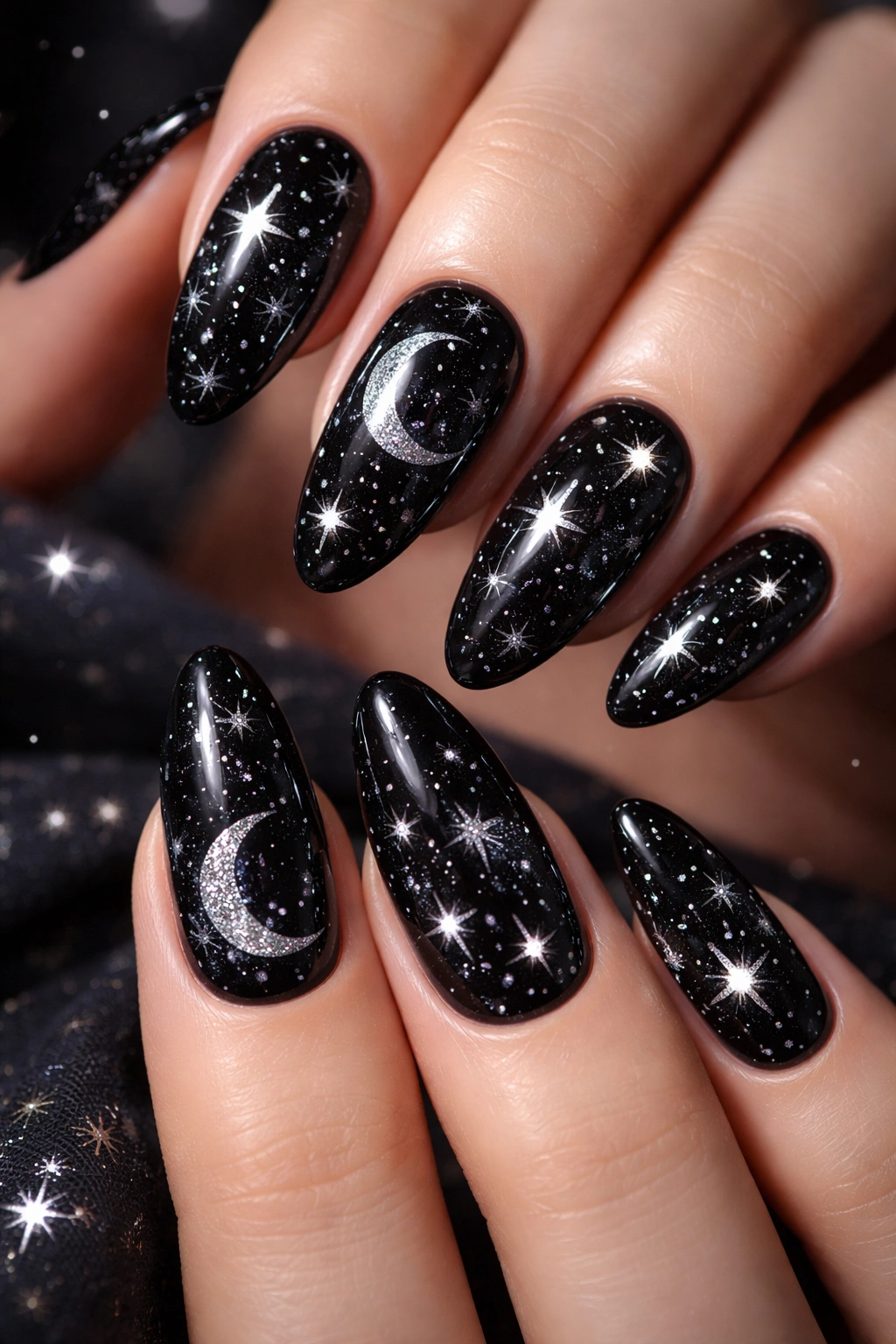 Nails with white and silver starry designs on a dark base.