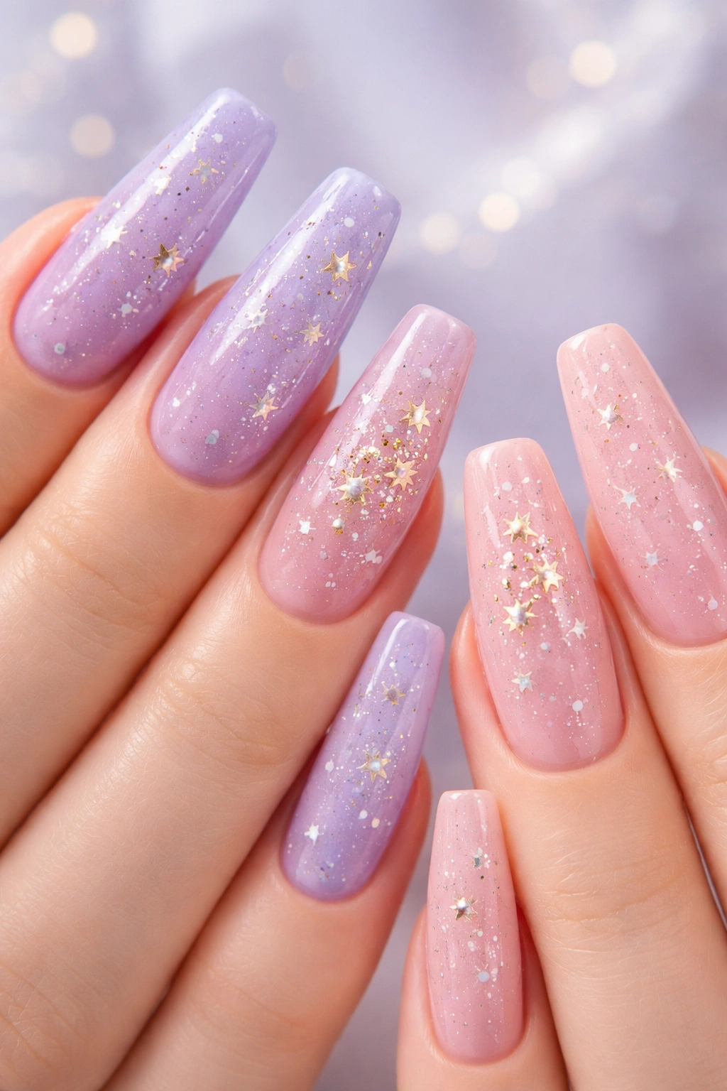 Nails with tiny star accents on lavender and pink bases